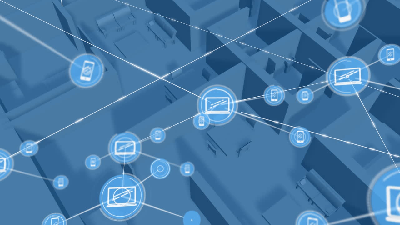 스마트 폰 및 노트북 아이콘으로 네트워크 연결의 애니메이션