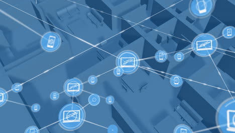 animación de las conexiones de red con iconos de teléfonos inteligentes y portátiles