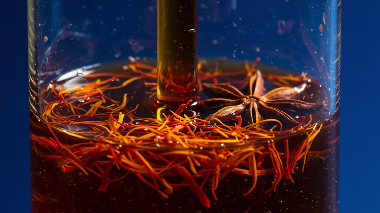 A Close-Up Exploration of Aromatic Infusion Featuring Saffron and Star Anise in a Crystal Clear Vessel Against a Vivid Blue Background