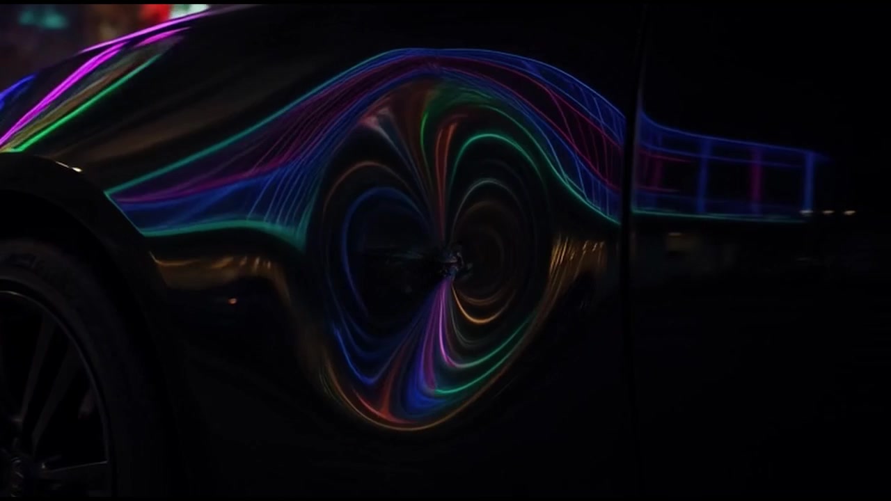 Neon City Lights Reflecting on a Shiny Black Car Exterior