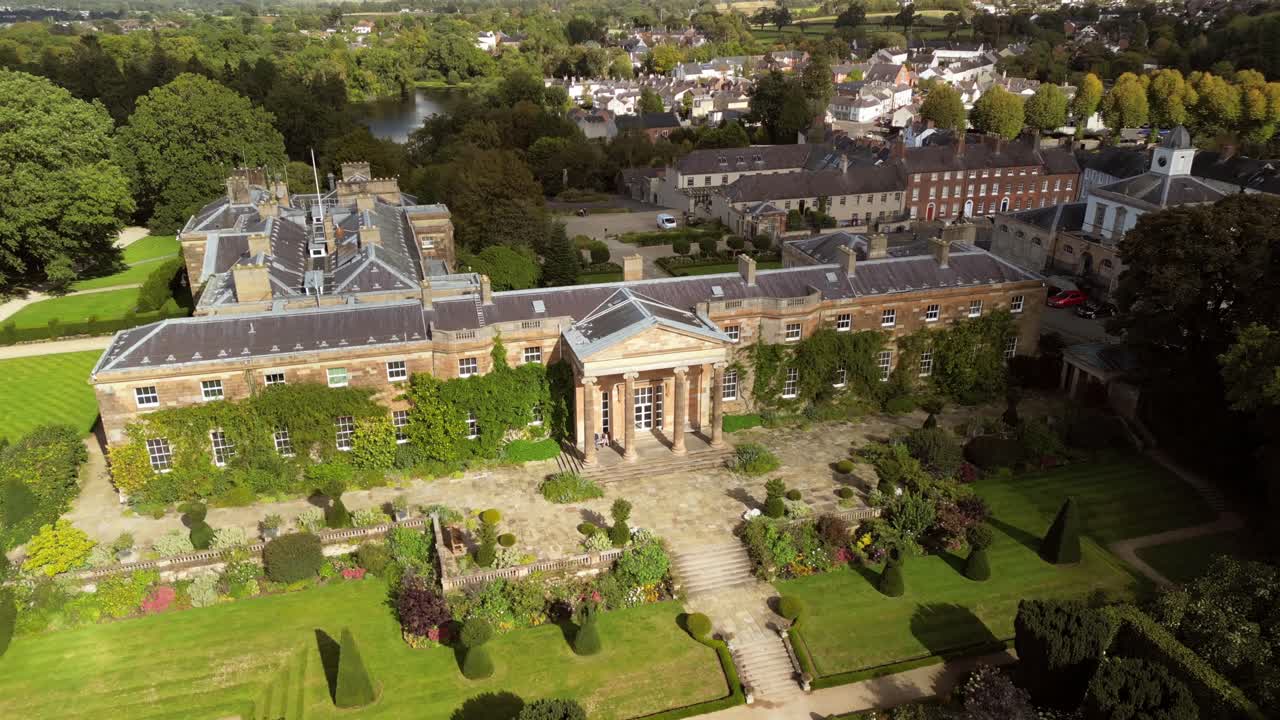 Rising 4K 30FPS aerial video of Hillsborough Castle and Gardens in Northern Ireland, UK. Produced in Rec709 color