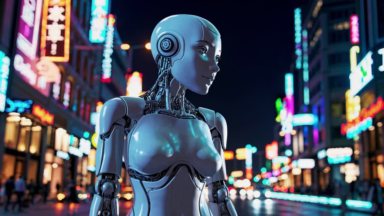 androide femenina futurista de pie inmóvil en el paisaje nocturno urbano, iluminada por vibrantes letreros de neón y luces de la ciudad, encarnando la innovación tecnológica y la conciencia digital