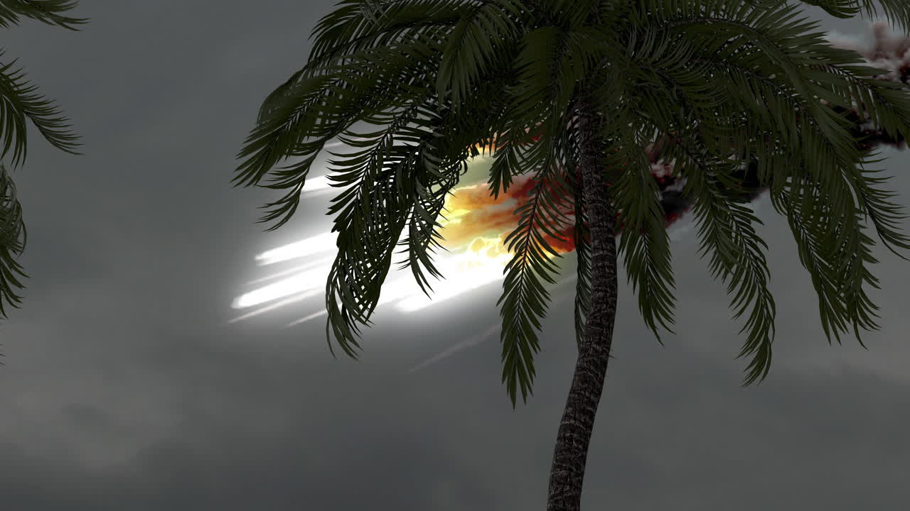Meteor impact near palm trees