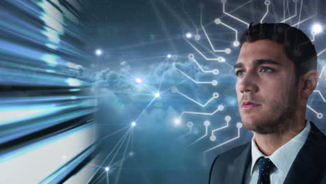 digital connections and data processing over thoughtful man in suit