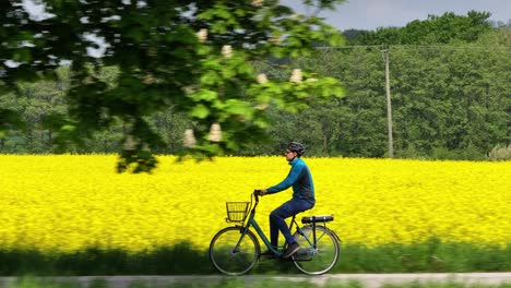 side view tracking follows man commuting on relaxed city bike by rapeseed field