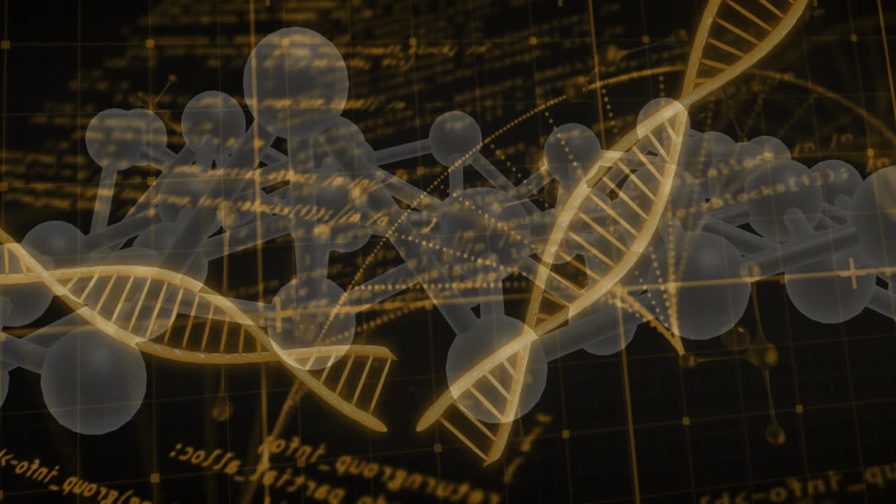 animación del procesamiento de datos científicos sobre cadenas de adn en un fondo oscuro