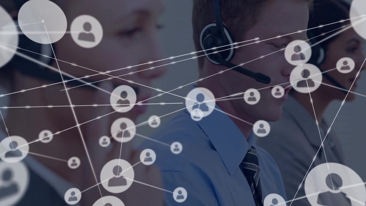 Help desk agents speaking into headsets as user-icon network growing mapping customer connections