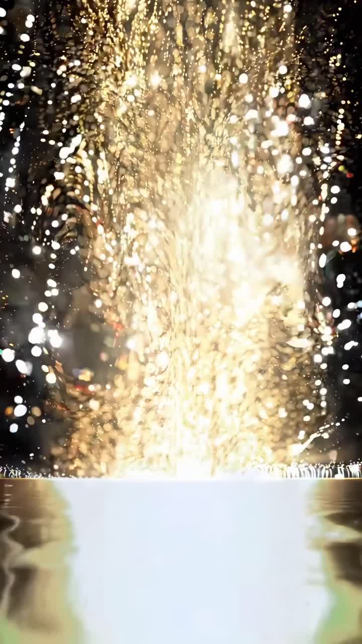 Zlaté částice kaskádovitě padají ve vertikálním videu, natočeném z podhledu, což vytváří magický efekt.