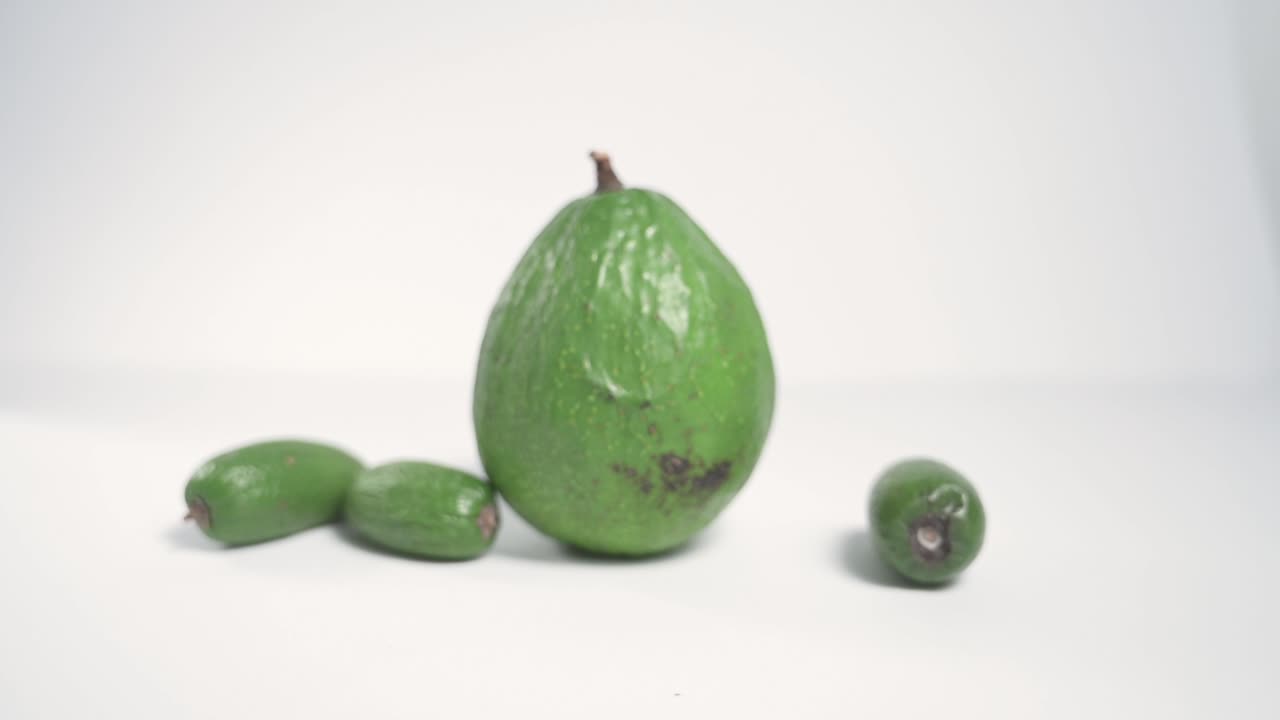 Concetto metaforico di riproduzione con un avocado che genera prole isolato su uno sfondo bianco