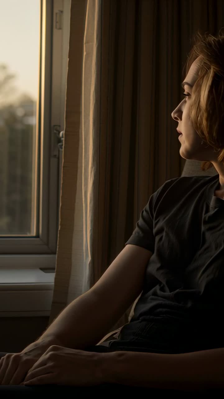 Video verticale: Donna in maglietta scura che si volta verso la finestra di casa, la luce del sole attira lo sguardo, chiavistello.