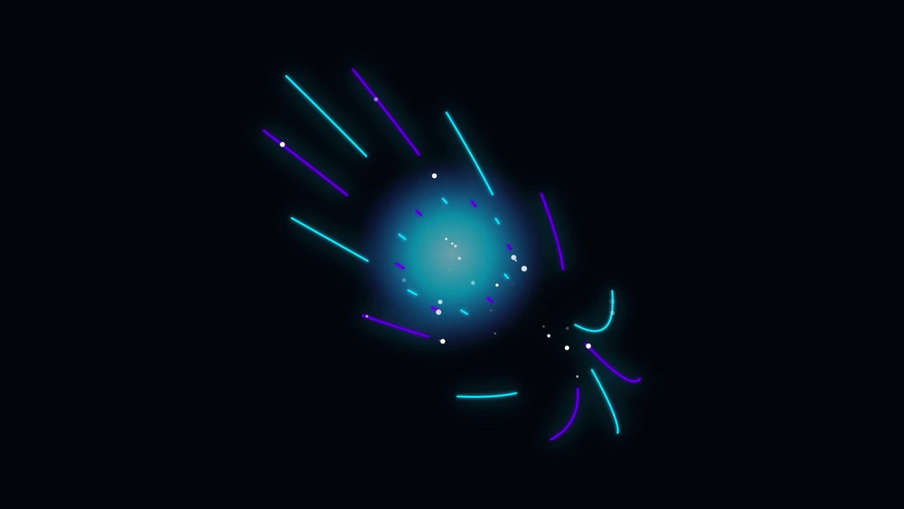 Grafica in movimento astratta con scie luminose blu e viola.
