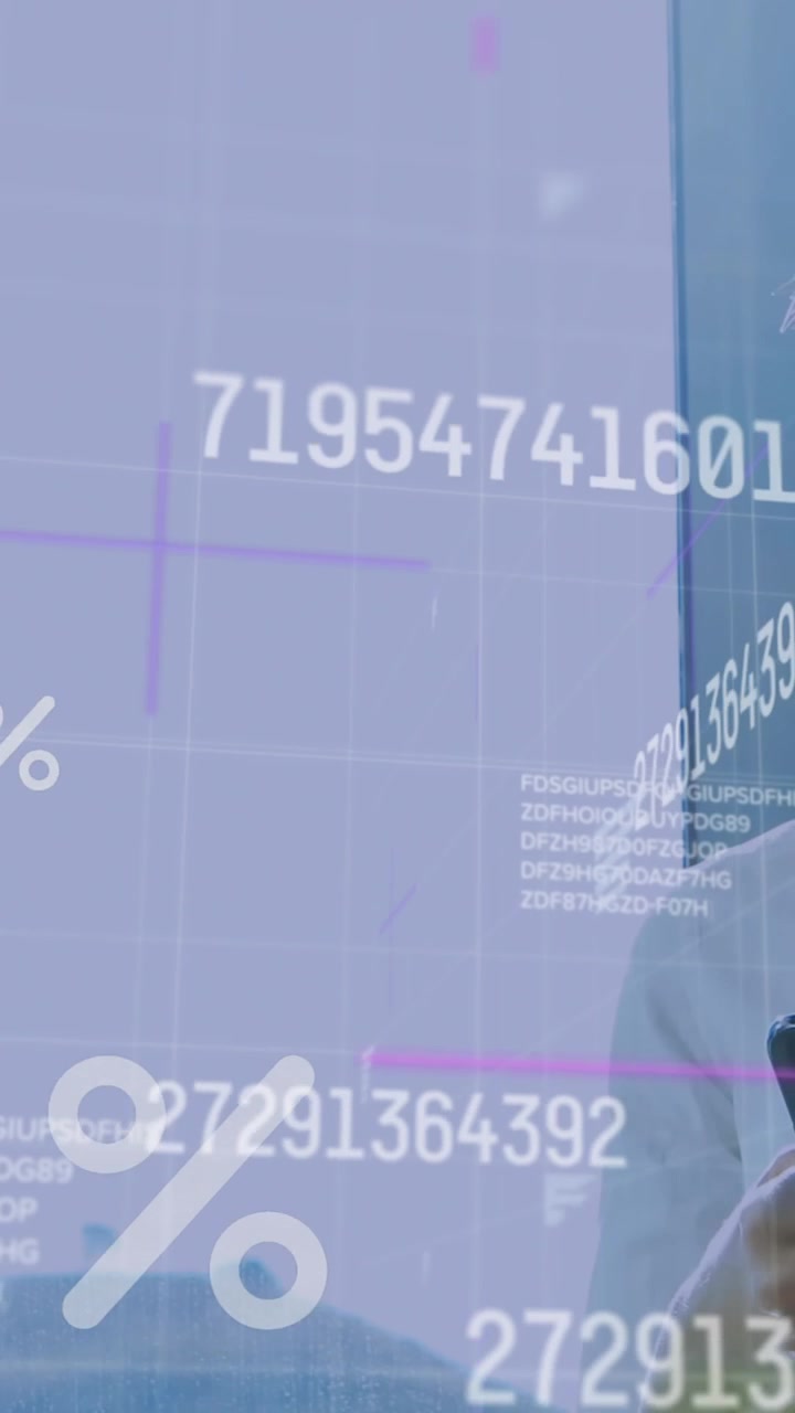 Percentage icons and changing numbers against caucasian businesswoman using smartphone at office