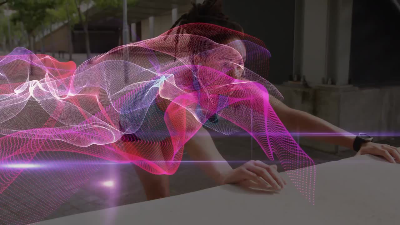 Animation of network of connections over woman exercising outdoors