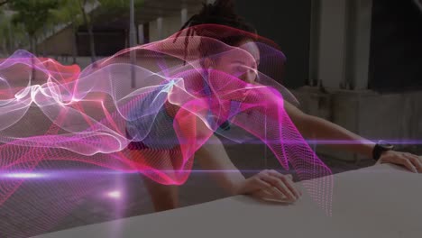 animation of network of connections over woman exercising outdoors