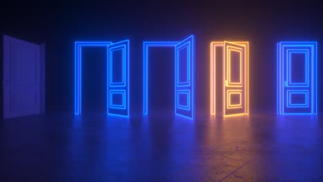 puertas cerradas de neón naranja azul hechas de líneas brillantes. luz en funcionamiento, puertas abiertas. corredor futurista abstracto. enciende y sale. piso con reflejos. concepto de elección. animación 3d intro bucle 4k