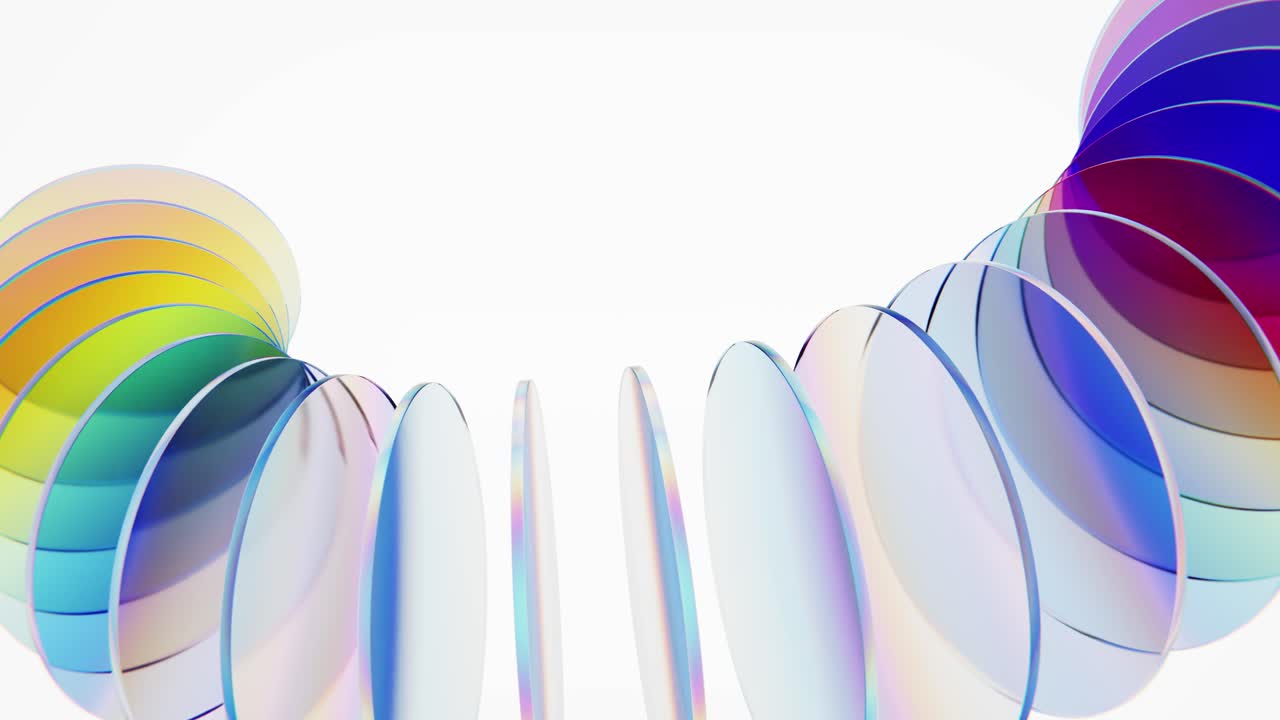 Abstract Iridescent Glass Circles Rotating on White Background