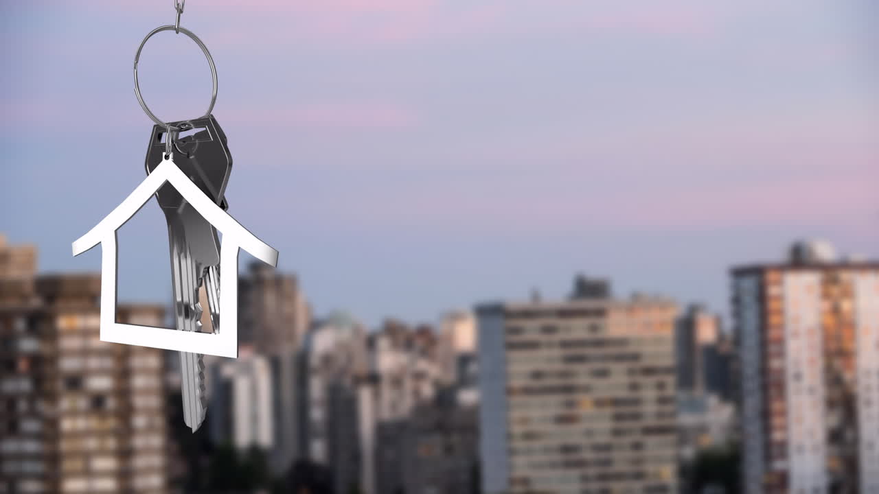 Animation of silver house key and jey fob over cityscape