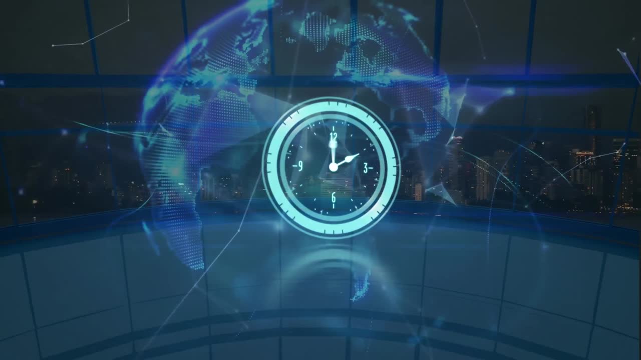 모양과 도시 풍경 위로 움직이는 시계의 애니메이션
