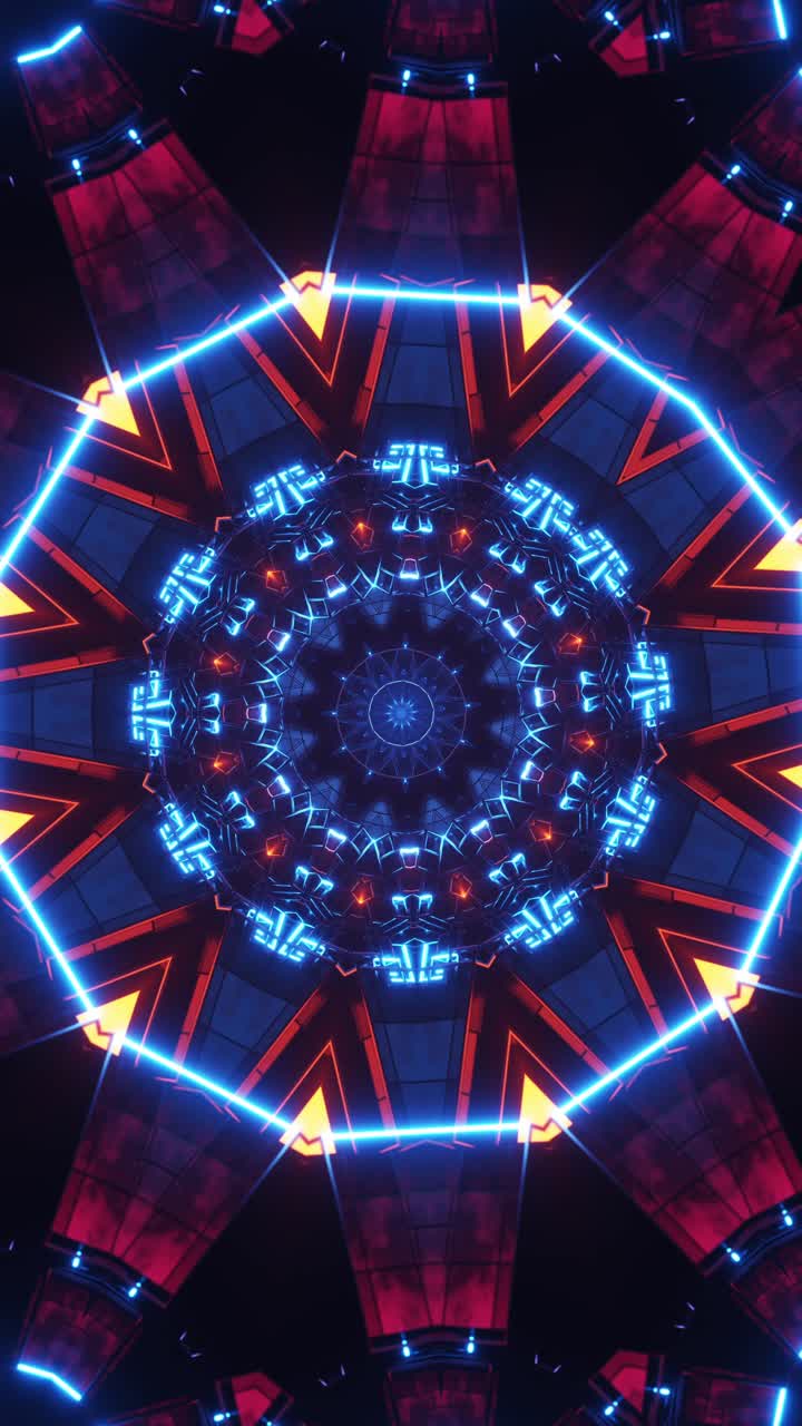 Animazione circolare di un motivo con luci al neon al centro. Loop VJ caleidoscopico verticale.