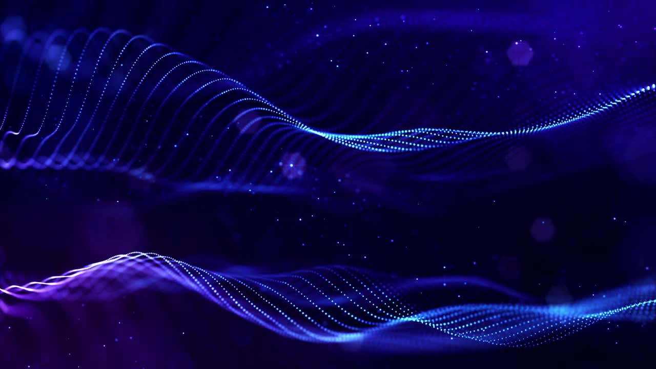 4k looped science fiction particle background with bokeh and light effects. Glow blue particles form lines, surfaces, complex structures in smooth motion like in the microworld or space. 4