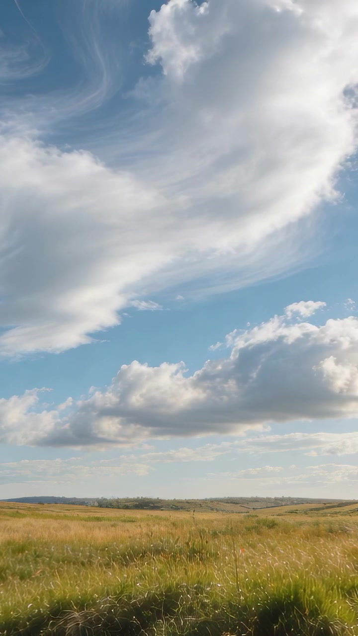 Video verticale: Ampie nuvole che si muovono spinte dal vento, mostrando il cielo sopra una pianura che illumina erbe dorate.
