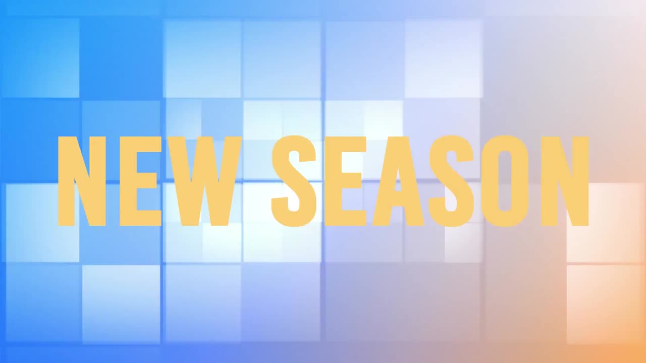 파란색 배경에 새로운 시즌 텍스트와 모양의 애니메이션