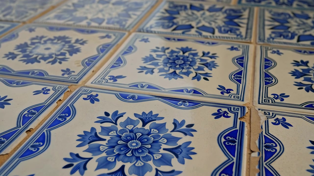 Diagonalt nærbillede af udsmykkede firkantede keramiske gulvfliser med blå stiliserede blomstermotiver på hvide glaserede overflader. Smalle fuger, let slid på kanterne