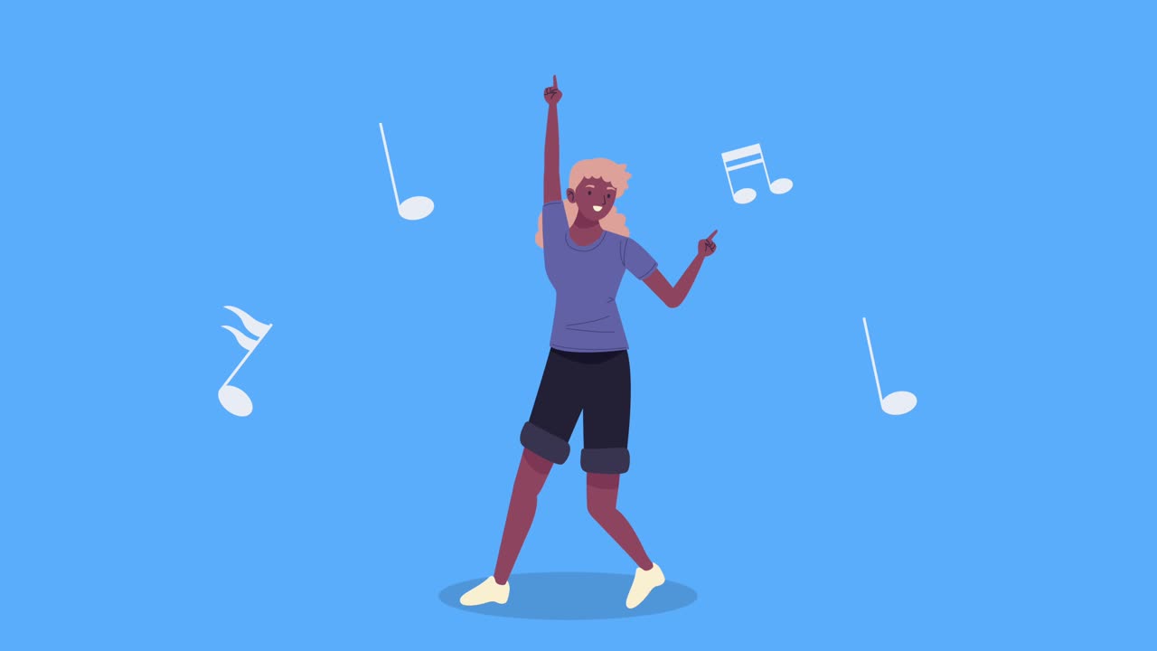 mujer afro bailando con notas de música animación de personajes