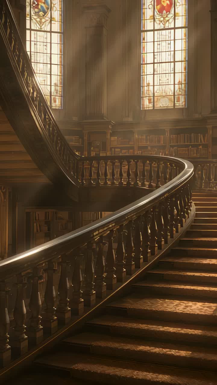 Video verticale: Luce solare che sorge rivelando una ringhiera curva, vetrate colorate e pulviscolo in una biblioteca