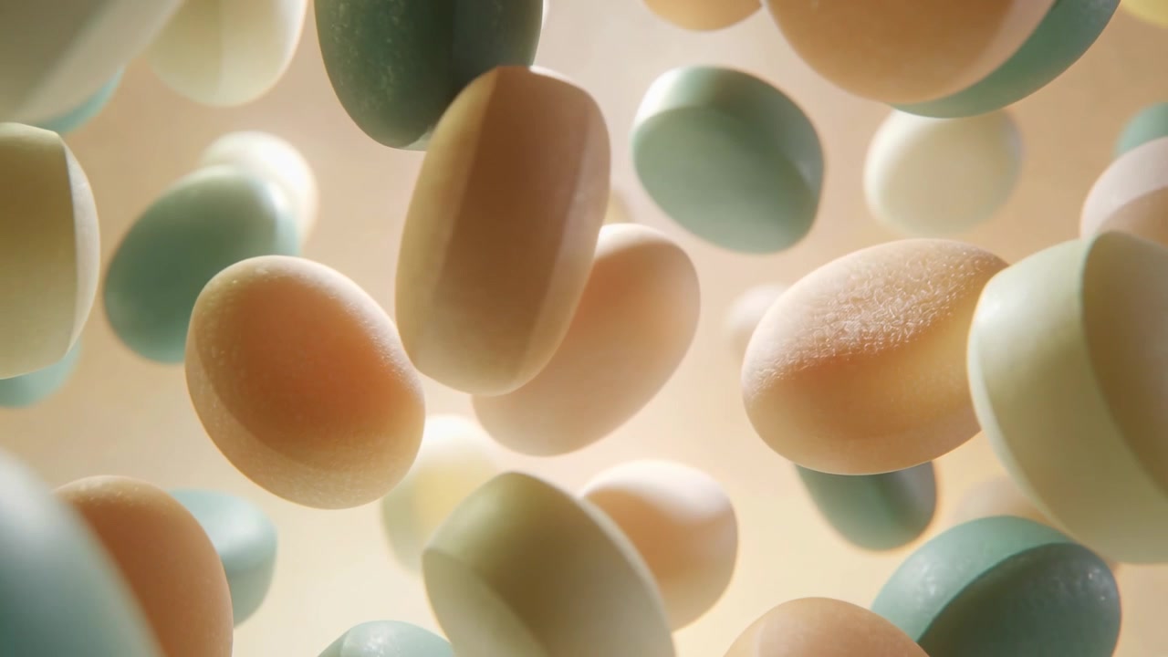 Camera pulling back, cluster of pastel discs rotating and spreading in backlit set, showing texture