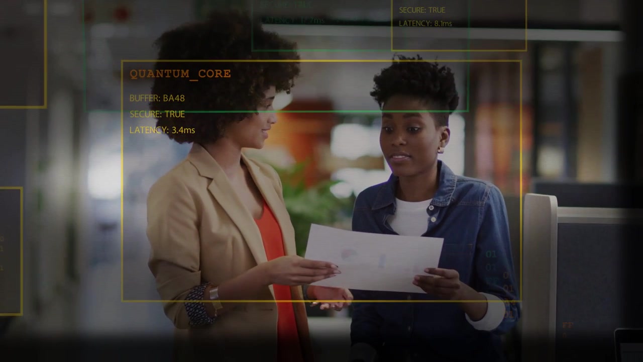 Standing woman pointing at document and starting joint review, HUD overlays showing latency data