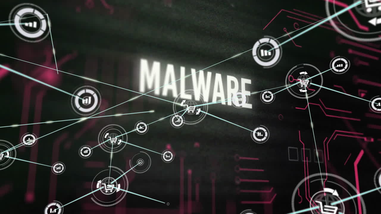 animación de texto de malware, red de conexiones con iconos de carrito de compras y procesamiento de datos