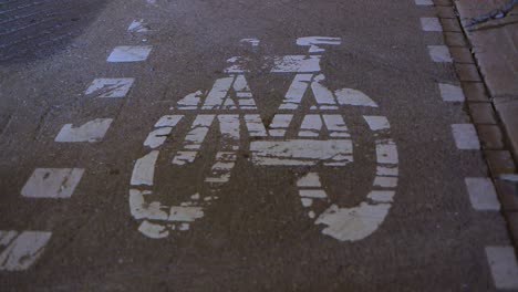 closeup of a bicycle lane in toronto, shadows of moving cars