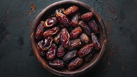 top view of dates in a wooden bowl on dark background