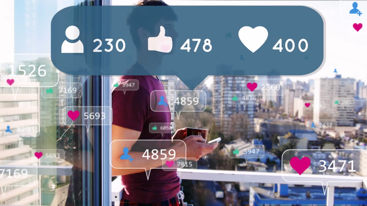 스마트 폰을 사용하는 사람에 대한 증가하는 수와 함께 여러 음성 거품에 디지털 아이콘