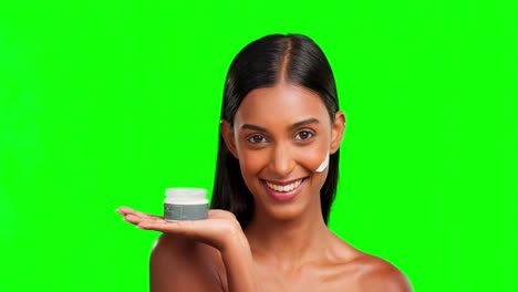 face, happy woman and applying cream on green