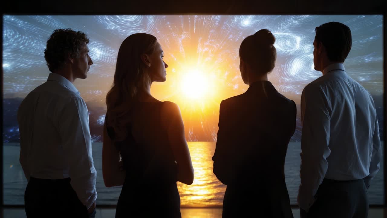 A captivating scene showing a group of four individuals standing in front of a stunning cosmic display, watching a mesmerizing sunrise over a calm ocean, lost in thoughts amidst the infinite universe