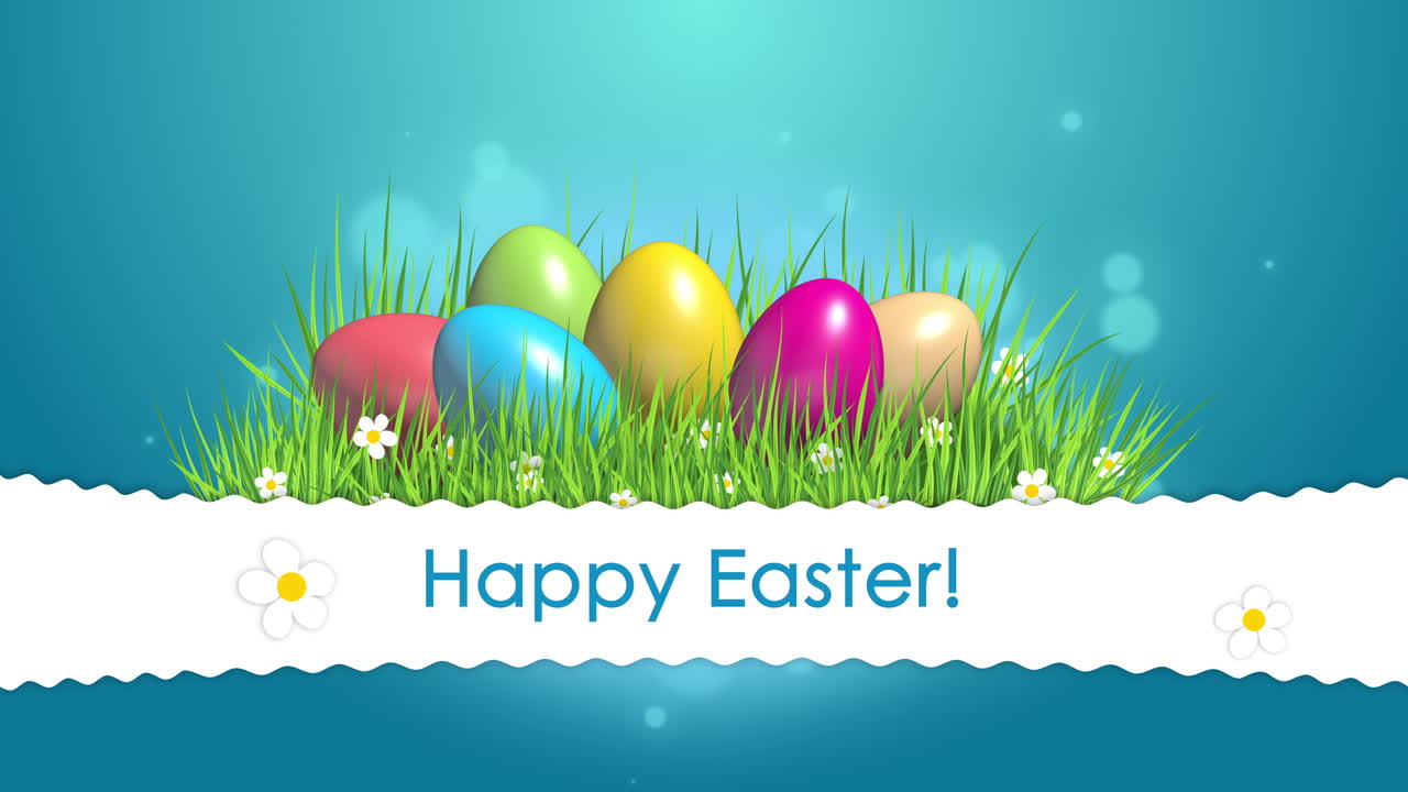 Happy easter title with colored eggs on green spring grass. Blue background with blurred bokeh circles. Looped animation.