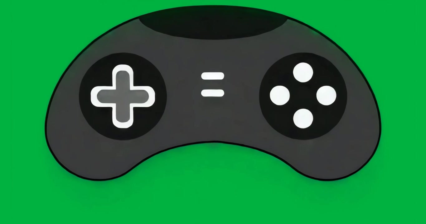 Controller di gioco stilizzato che rimane statico su sfondo trasparente con un cluster di segni di uguale del D-pad per una demo dell'interfaccia utente