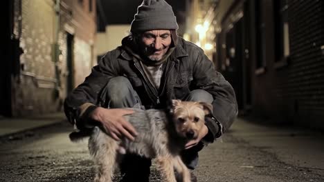 a heartwarming moment between a man and his dog in an urban alley, showcasing their connection and companionship amidst the nighttime cityscape