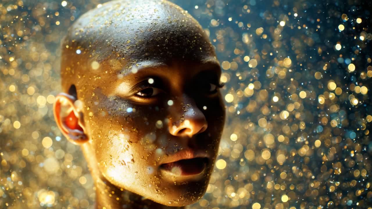 Enchanting Portrait of a Person Surrounded by Sparkling Golden Particles Emitting an Ethereal Glow, Capturing the Beauty and Serenity of the Human Form in a Magical Atmosphere of Light and Elegance