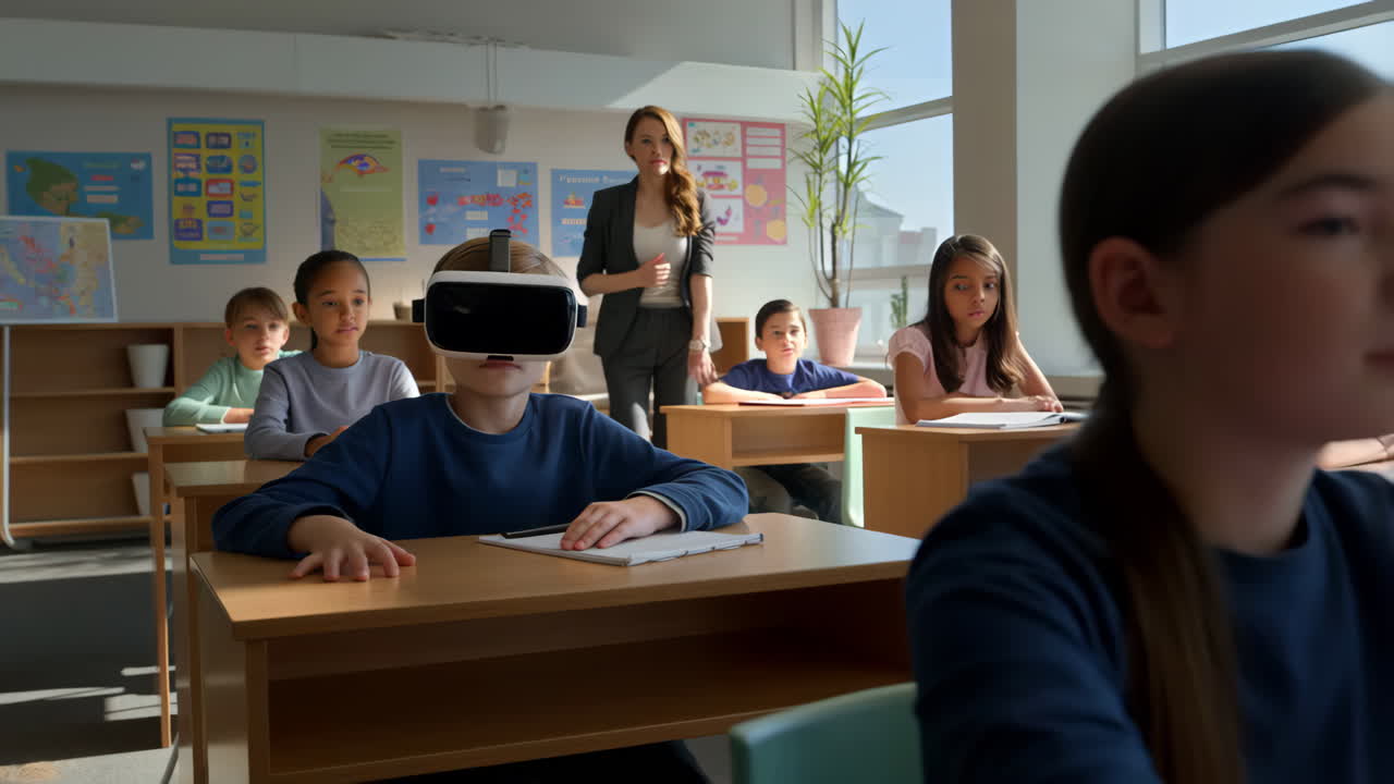 Students Experiencing Virtual Reality in a Classroom
