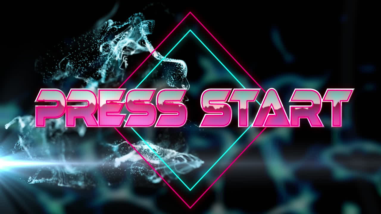 검은색 배경의 파란색 모양 위에 인쇄 시작 텍스트의 애니메이션