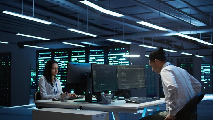 IT professional in server hub establishing performance benchmarks