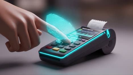 modern payment technology: a close-up of a hand engaging with a fingerprint sensor on a payment terminal, showcasing secure transaction processing innovations