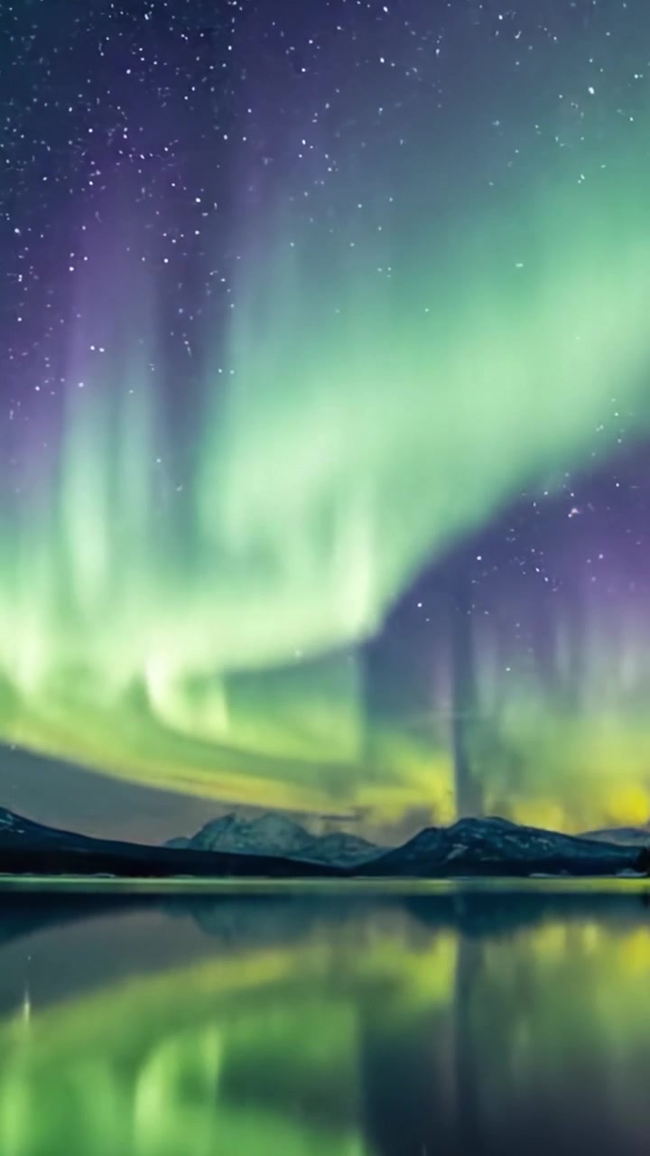 Uno spettacolo affascinante dell'Aurora Boreale su un lago sereno, con stelle scintillanti nel cielo notturno e maestose montagne stagliate sullo sfondo