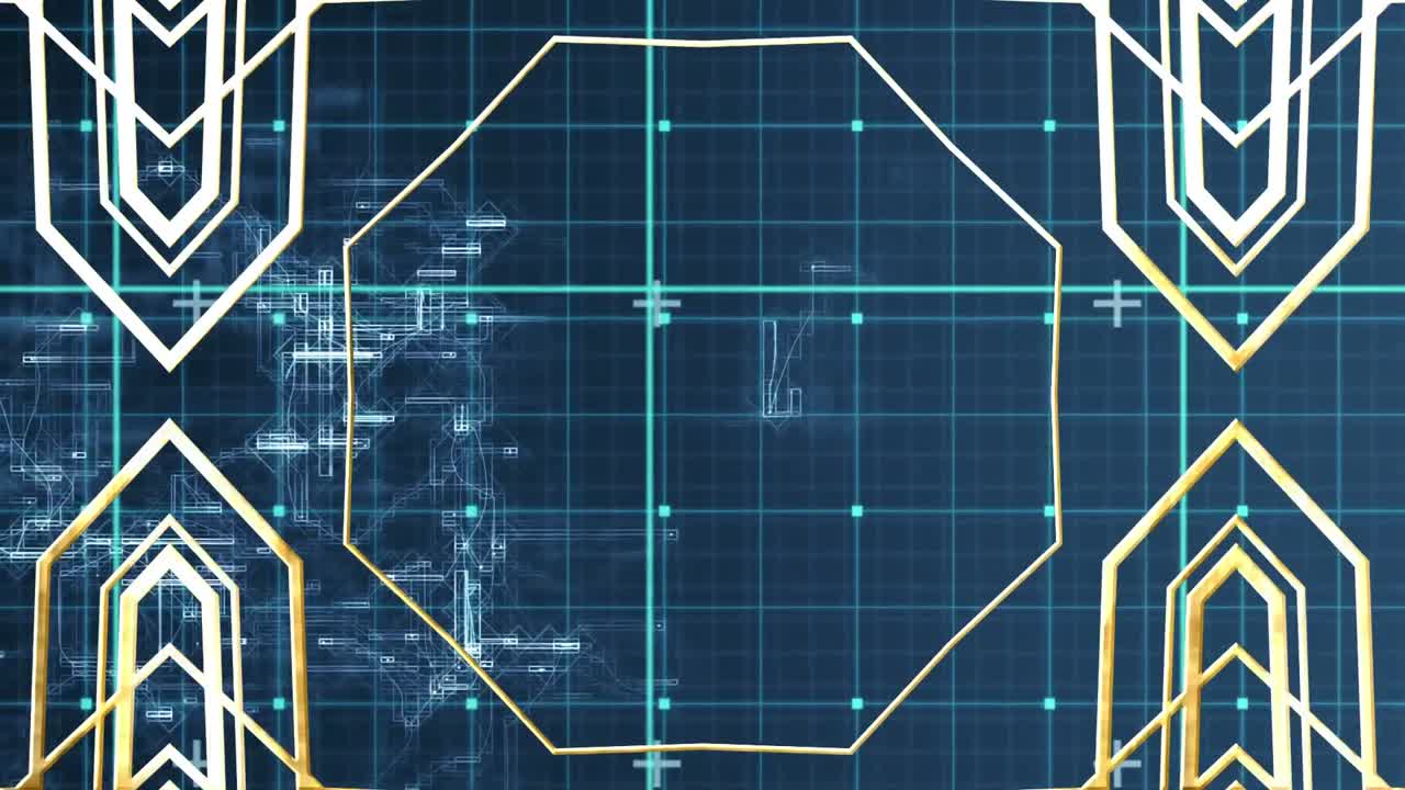 체크된 파란색 공간 위에서 변하는 기하학적 모양의 애니메이션