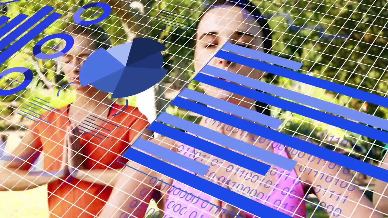 Three women performing meditation in park for fitness, blue bars sweeping across front hiding faces