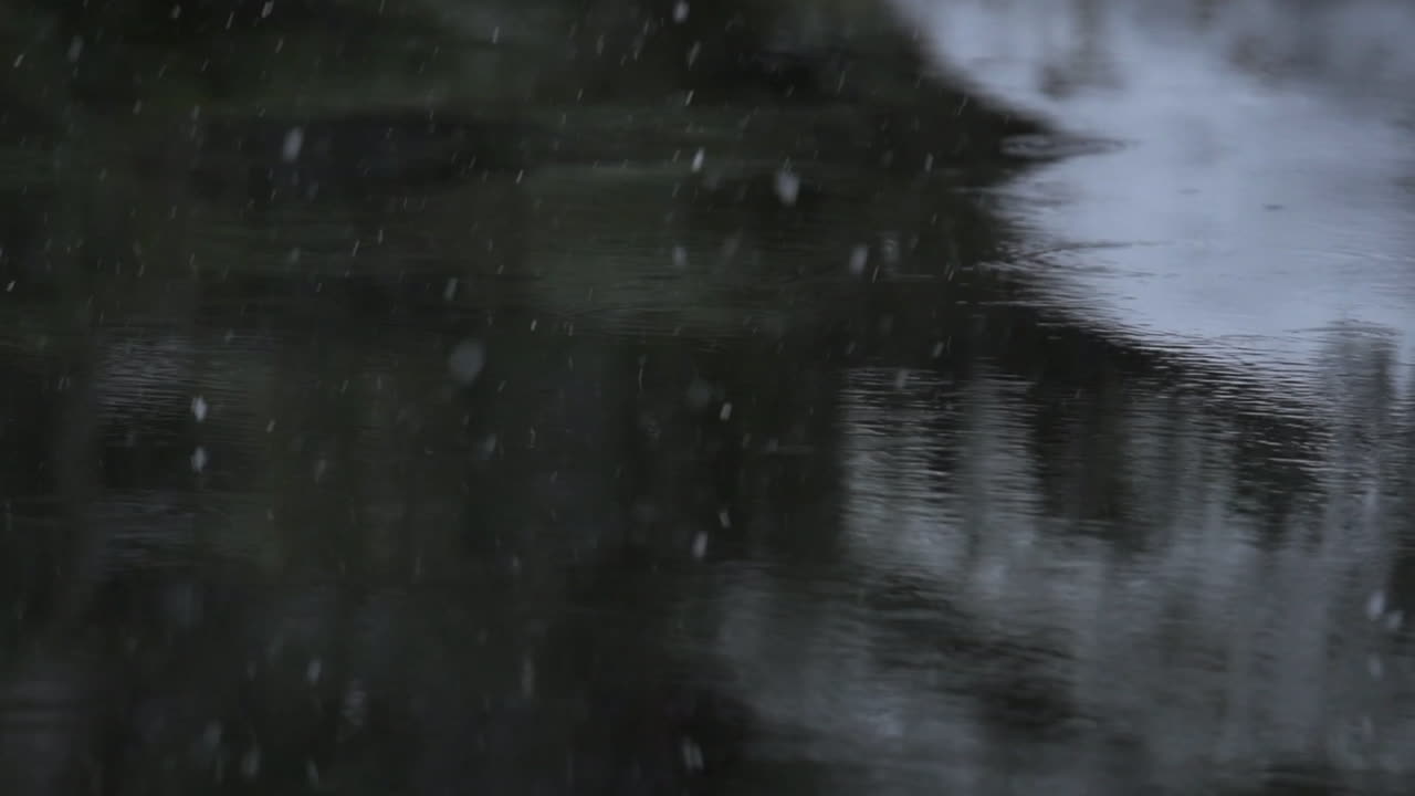 Slow motion closeup shot of snowflakes falling into river and making optical illusion as if the snowflakes are bouncing back from the river