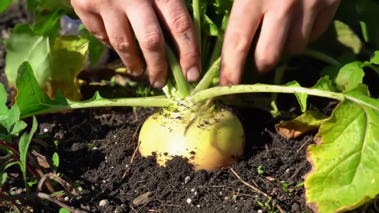 Harvesting Fresh Turnips in a Home Garden During a Sunny Afternoon